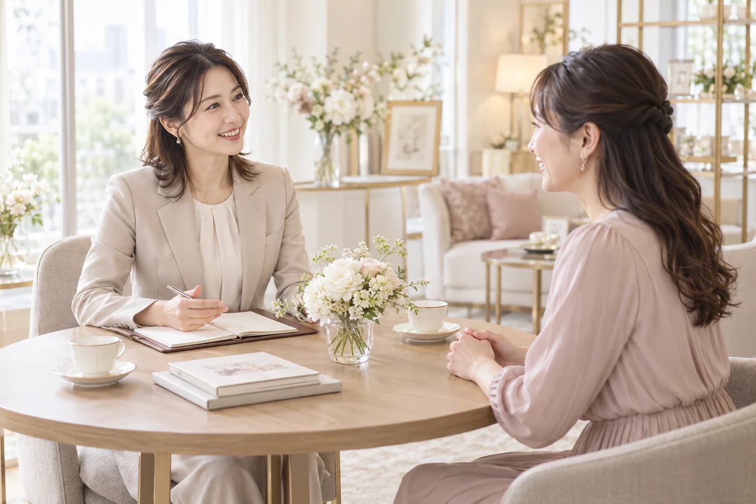 明るい相談室で会話をするカウンセラーと相談者のイメージ