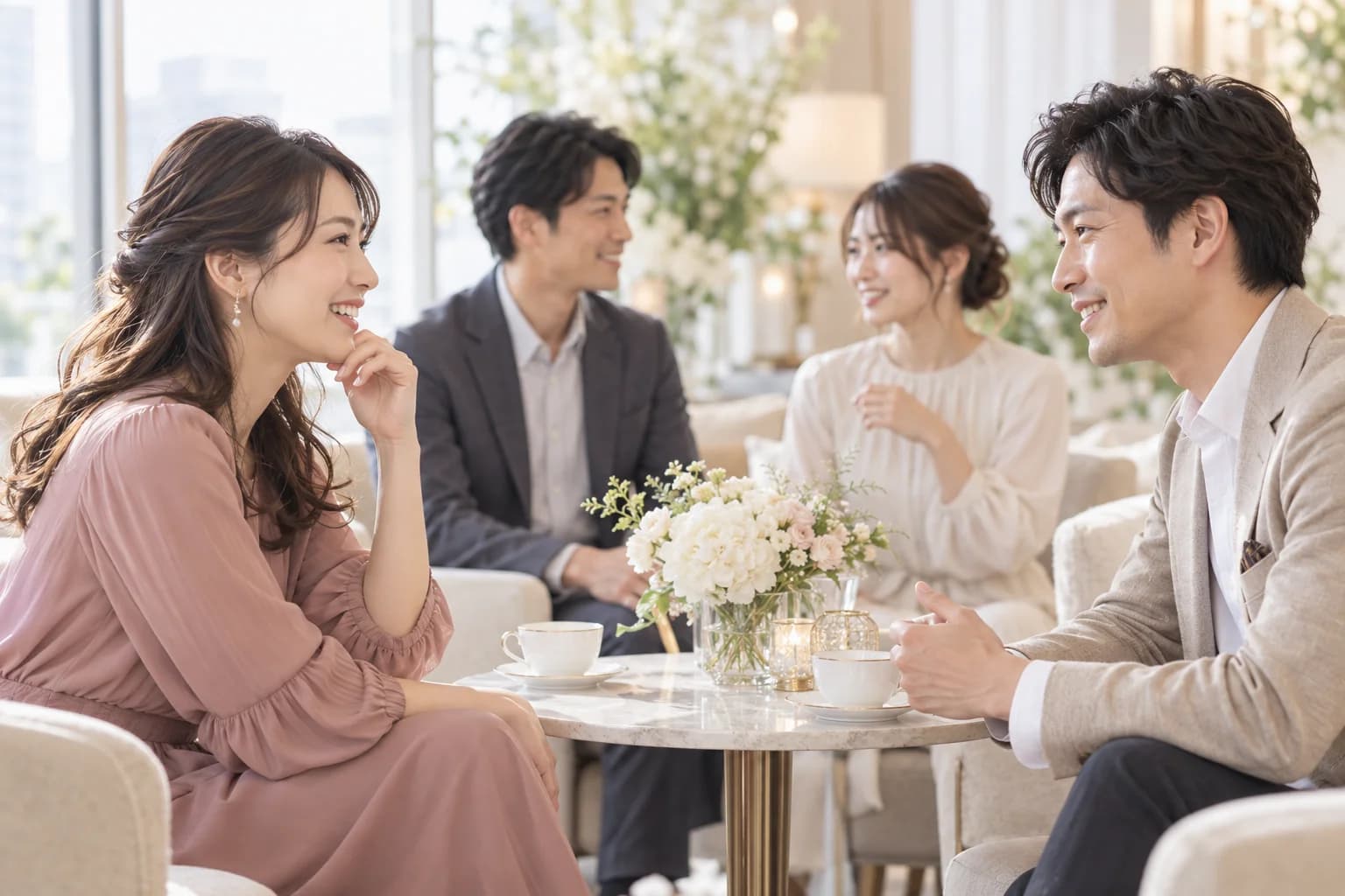 落ち着いたラウンジで会話を楽しむ婚活イベントのイメージ