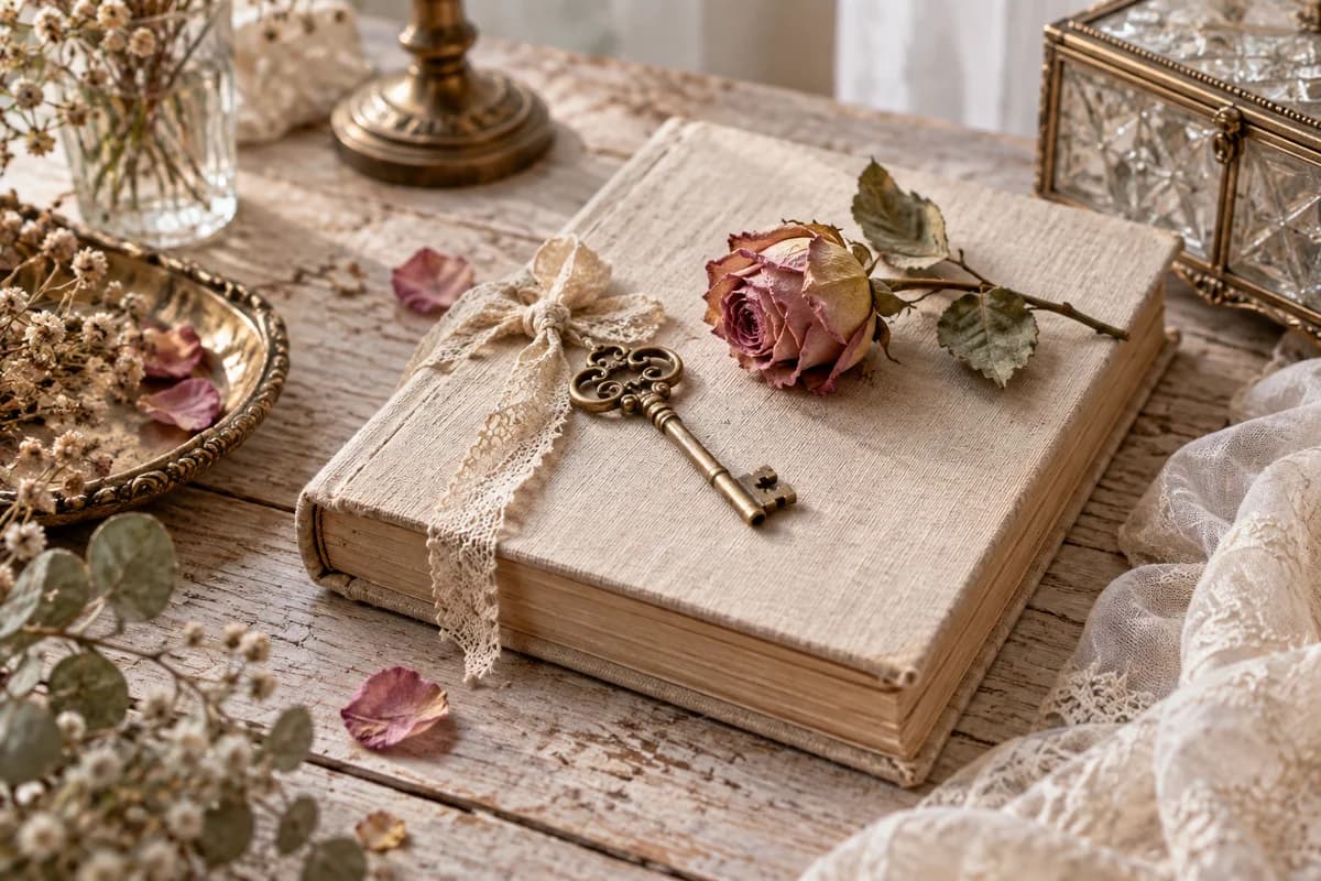 A vintage journal, antique key and dried rose