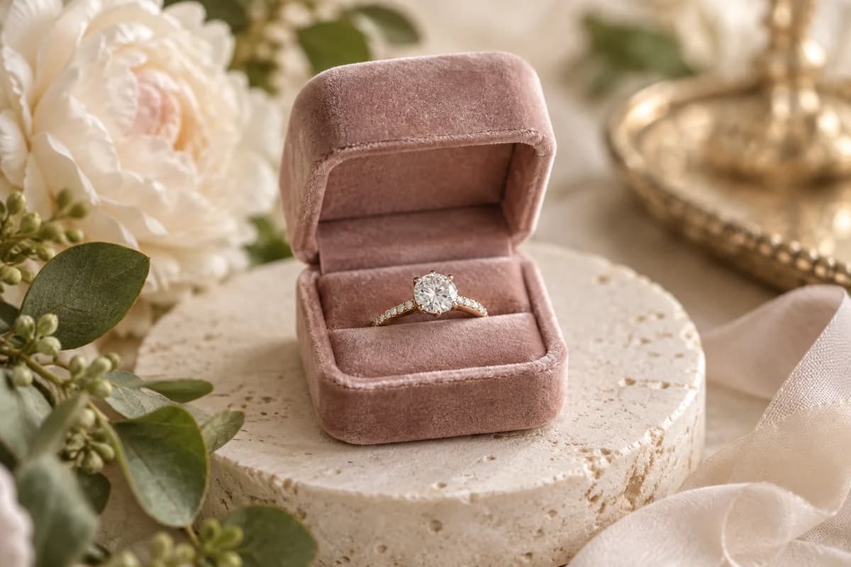 ローズ色のケースに収めた婚約指輪