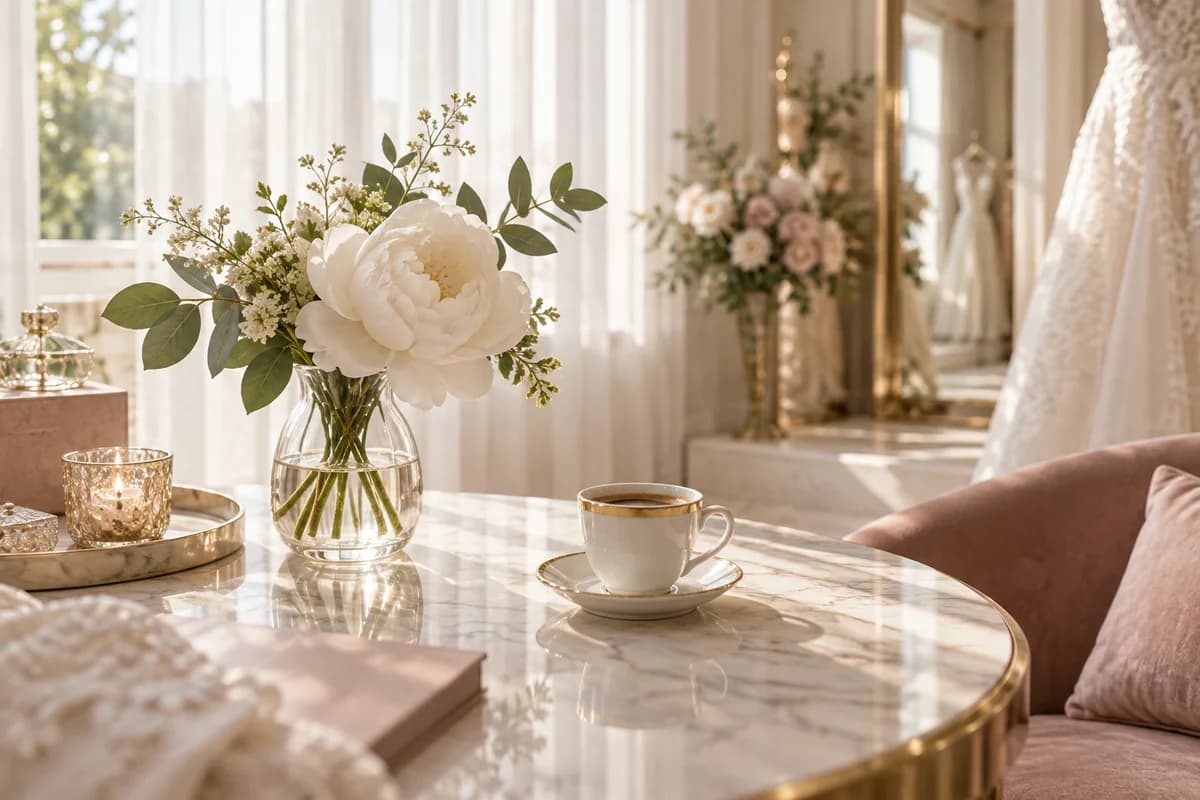 朝の光が差し込む花とコーヒーのテーブル